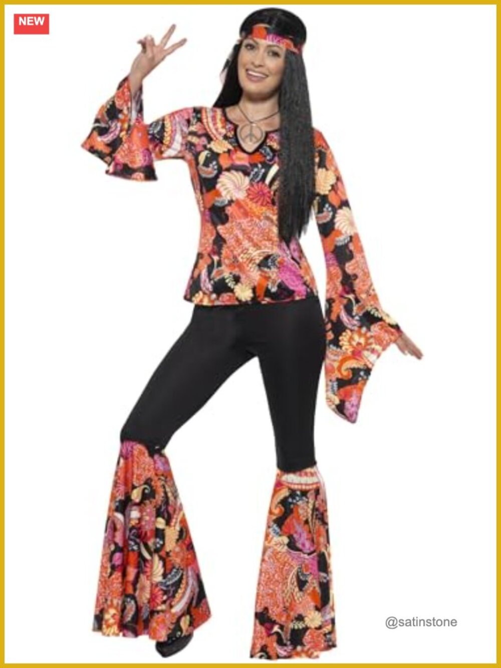 70s Hippie Costume Set Top Bell Bottoms Headscarf Medallion